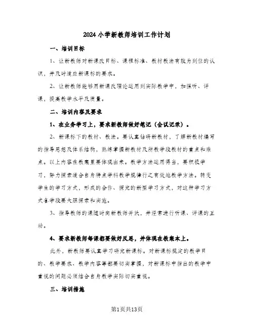 2024小学新教师培训工作计划（五篇）