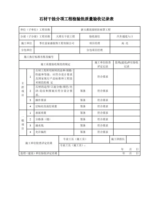 石材干挂分项工程检验批质量验收记录表