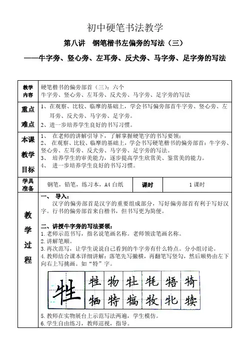 第八讲钢笔楷书左偏旁的写法——牛字旁、竖心旁、左耳旁、反犬旁、马字旁、足字旁的写法[1]