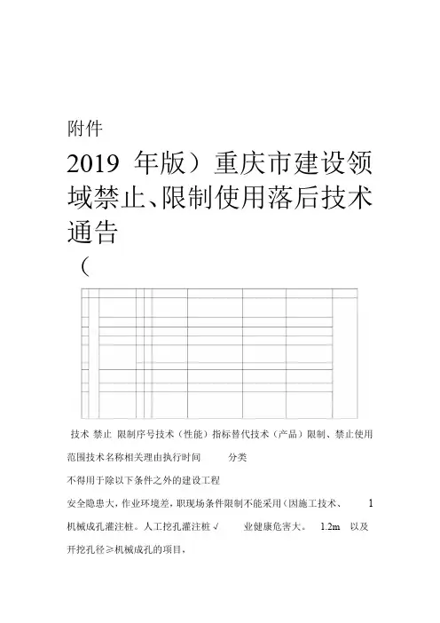 重庆市建设领域禁止、限制使用落后技术通告(2019年版)