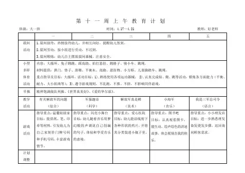 大班下学期 上下午计划 第十一周