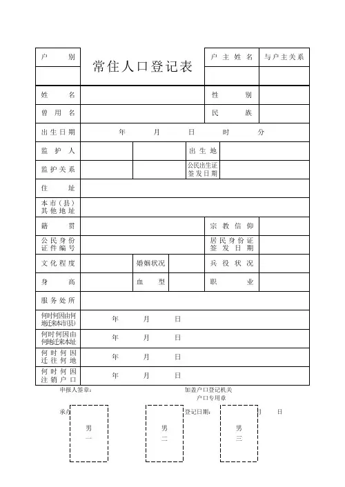 常住人口登记表16开
