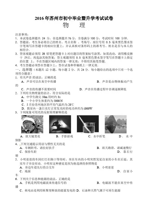 (word完整版)2016年江苏省苏州市中考物理试题(附答案)资料
