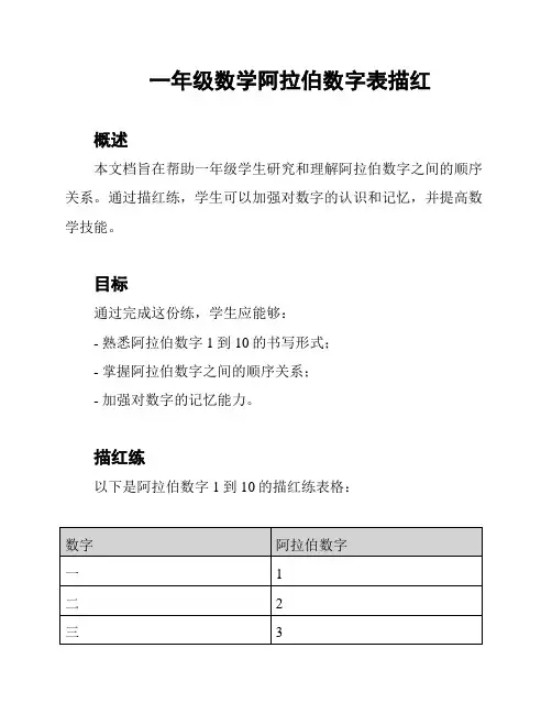 一年级数学阿拉伯数字表描红