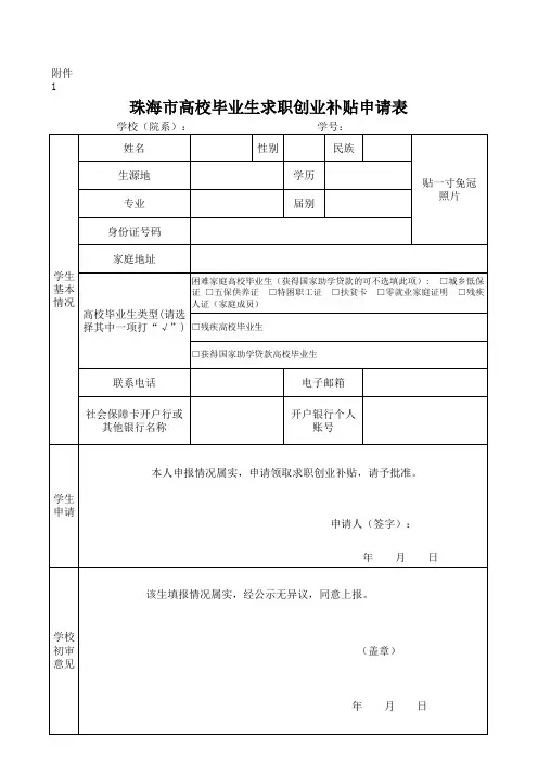珠海市高校毕业生求职创业补贴申请表
