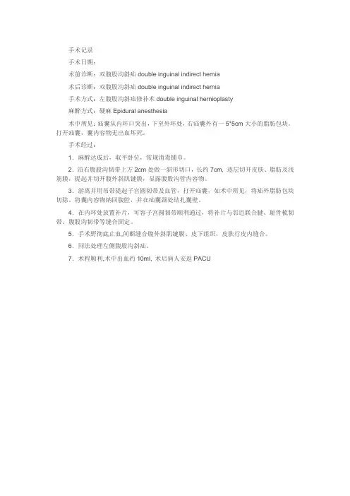 普外科常见手术记录：左腹股沟斜疝修补术