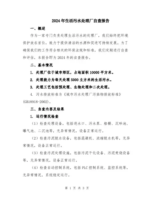 2024年生活污水处理厂自查报告