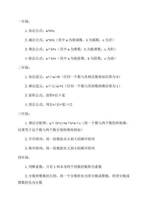 小学一至六年级所有数学公式知识点