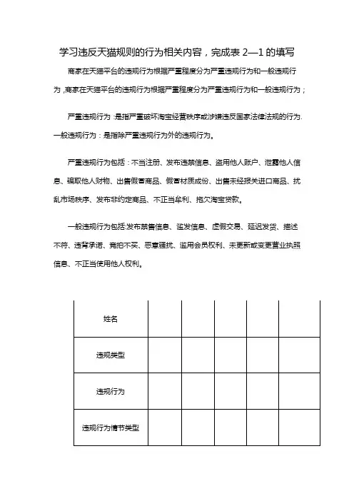 学习违反天猫规则的行为相关内容，完成表2—1的填写
