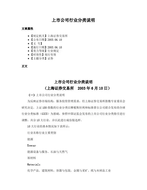 上市公司行业分类说明