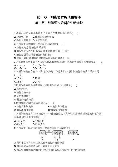 人教版七年级上册生物第2章第1节细胞通过分裂产生新细胞及答案