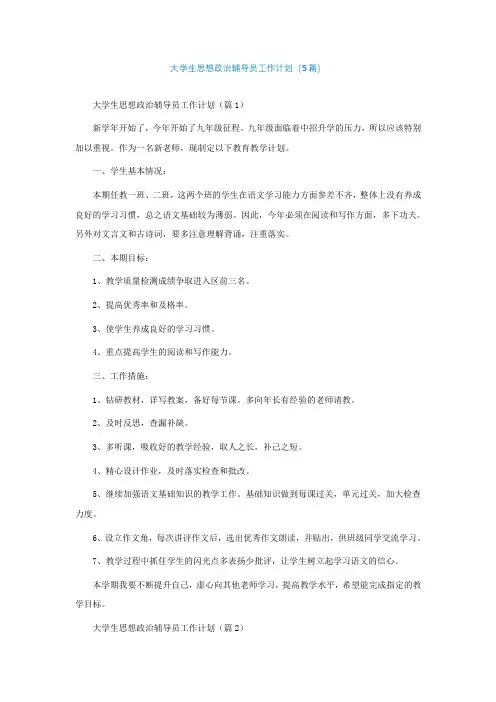 大学生思想政治辅导员工作计划(精选5篇)