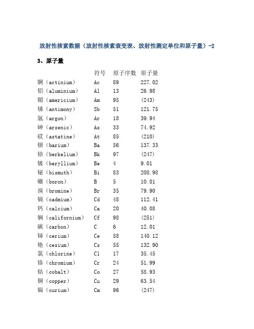 放射性核素数据(放射性核素衰变表、放射性测定单位和原子量)-2