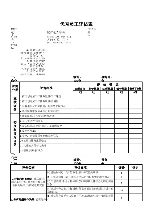 优秀员工评定表