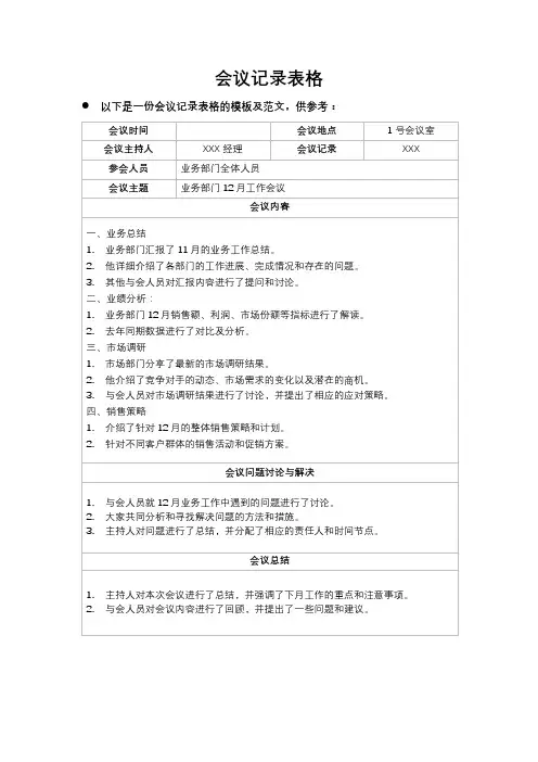 会议记录 表格