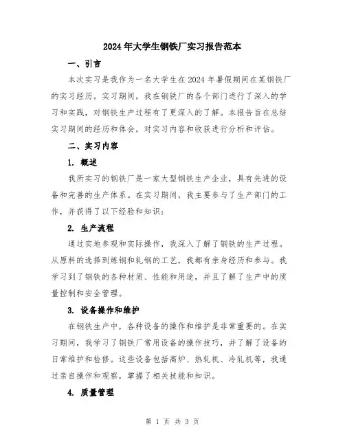 2024年大学生钢铁厂实习报告范本