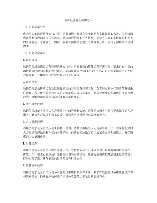 酒店运营管理招聘方案