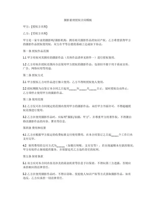 摄影素材授权合同模板