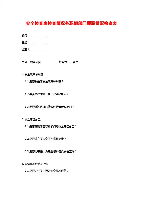 安全检查表检查情况各职能部门履职情况检查表