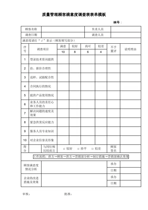 质量管理顾客满意度调查表表单模板