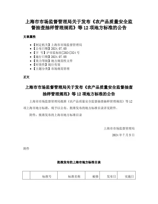 上海市市场监督管理局关于发布《农产品质量安全监督抽查抽样管理规范》等12项地方标准的公告