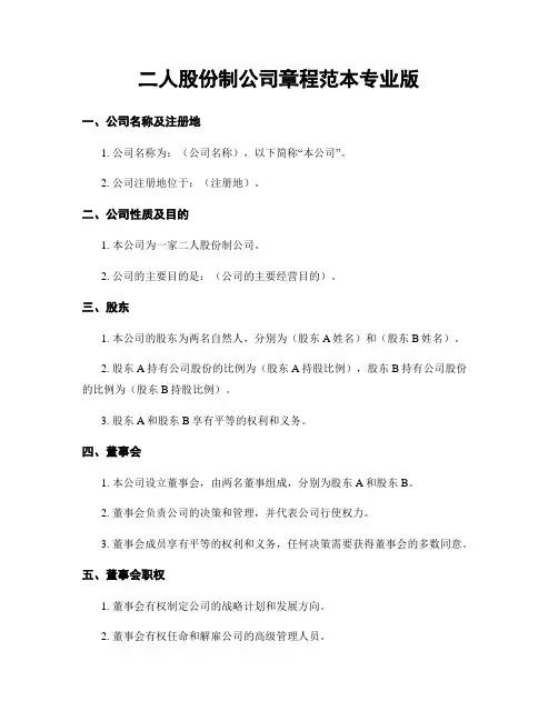 二人股份制公司章程范本专业版