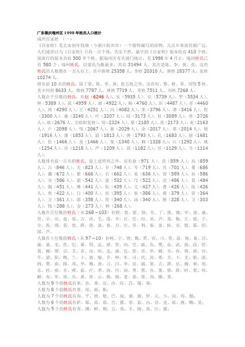 广东肇庆端州区1998年姓氏人口统计