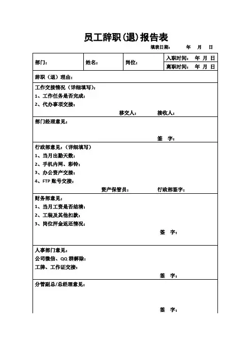 员工辞职(退)报告表