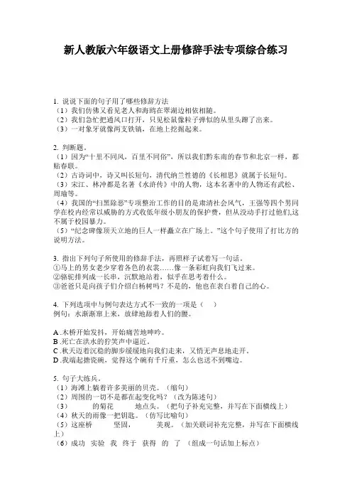 新人教版六年级语文上册修辞手法专项综合练习