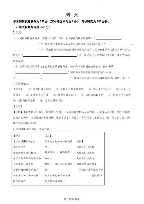 精品解析：2024年安徽省中考语文真题(解析版)