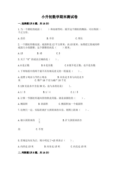 小升初数学期末测试卷含答案(基础题)