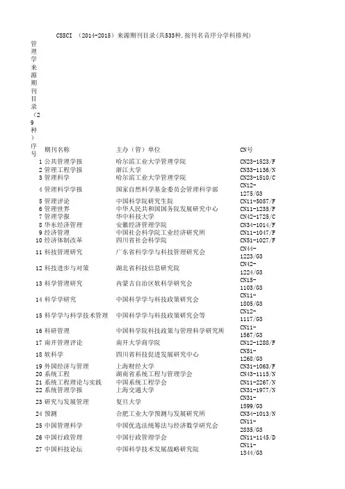 CSSCI (2014-2015)来源期刊目录(共533种,按刊名音序分学科排列)