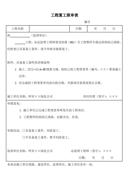 工程复工报审表