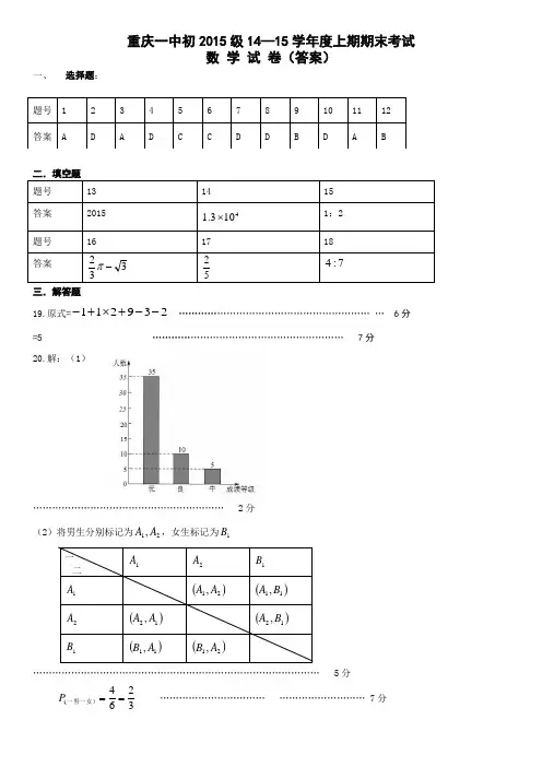 重庆一中2015级九上期末考试数学试题答案