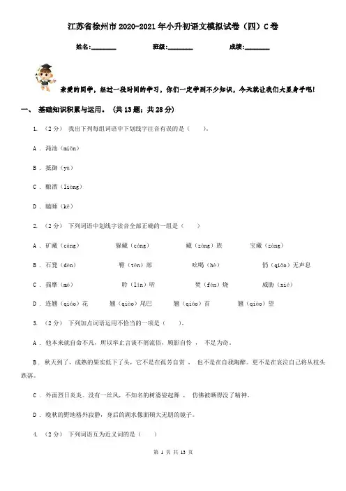 江苏省徐州市2020-2021年小升初语文模拟试卷(四)C卷