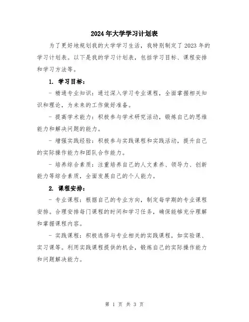 2024年大学学习计划表