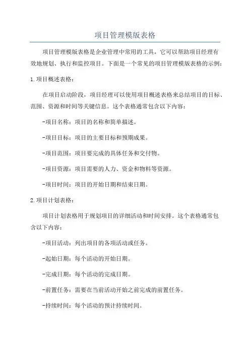 项目管理模版表格