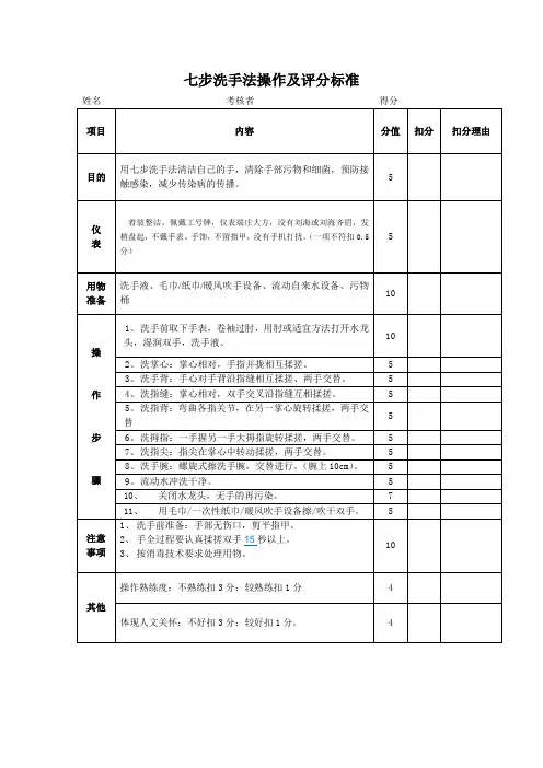 七步洗手法操作及评分标准