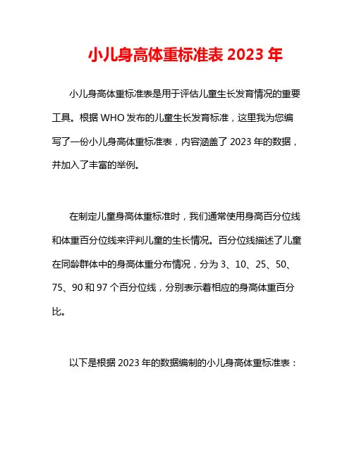 小儿身高体重标准表2023年