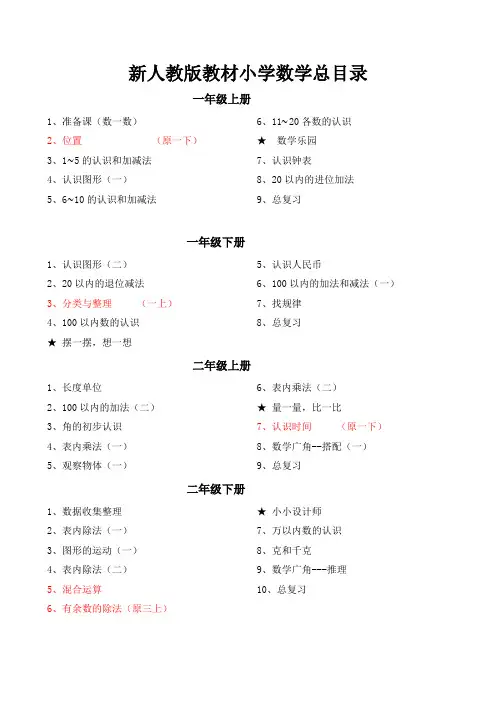 2014新人教版教材小学数学总目录