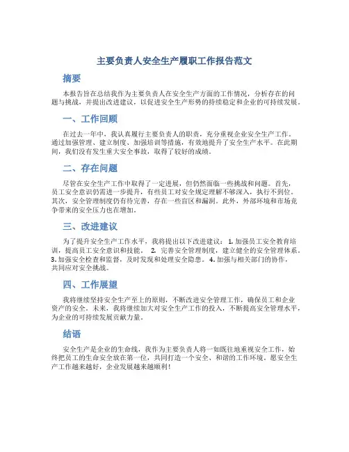 主要负责人安全生产履职工作报告范文
