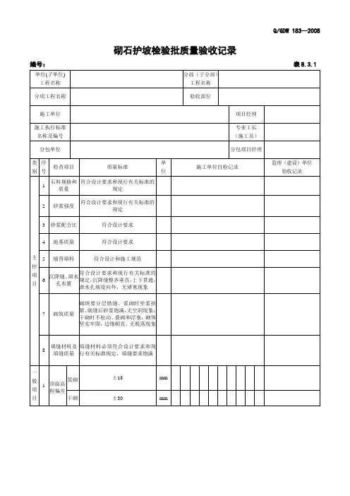 8.3.1 砌石护坡检验批质量验收记录