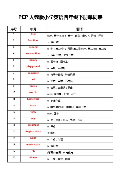 PEP人教版小学英语四年级下册单词表