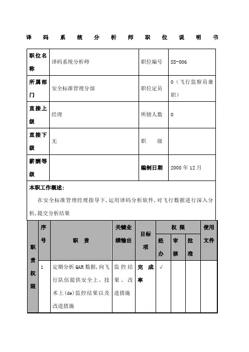 航空物流公司译码系统分析师职位说明书及关键绩效标准