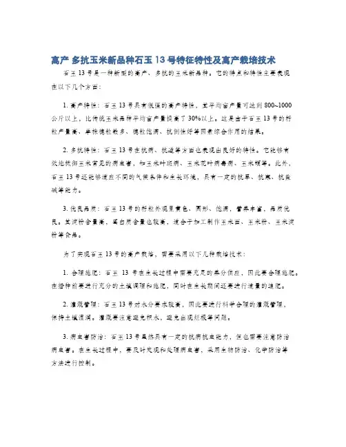 高产 多抗玉米新品种石玉13号特征特性及高产栽培技术