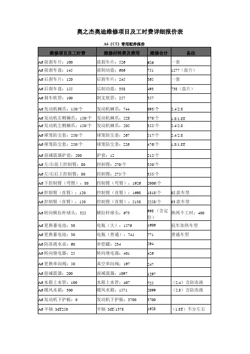 奥迪维修项目及工时费详细报价表