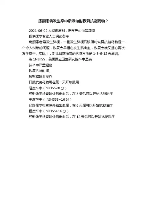 房颤患者发生卒中后该何时恢复抗凝药物？