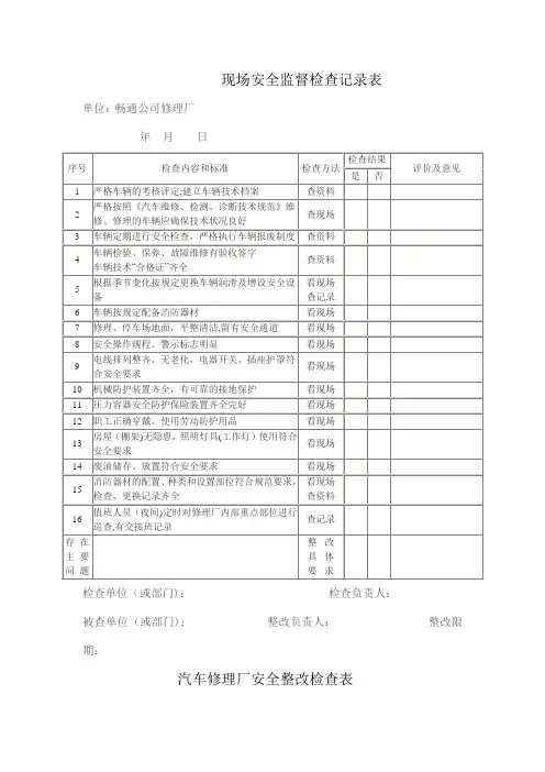 修理厂现场安全检查记录表