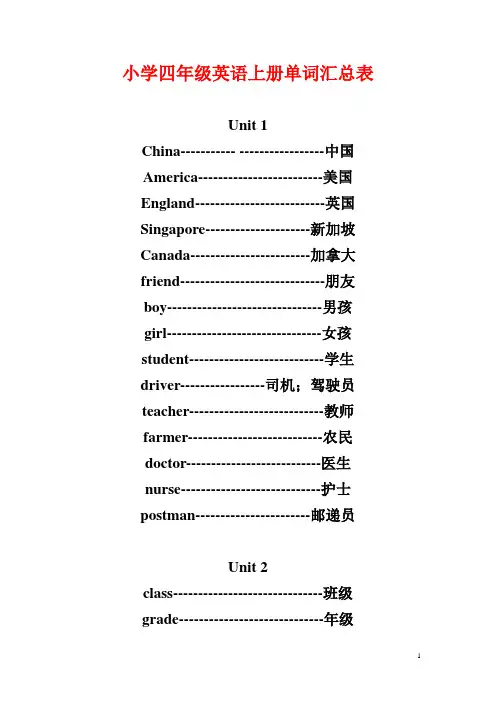 人教版：小学四年级英语上册单词表(可默写用)