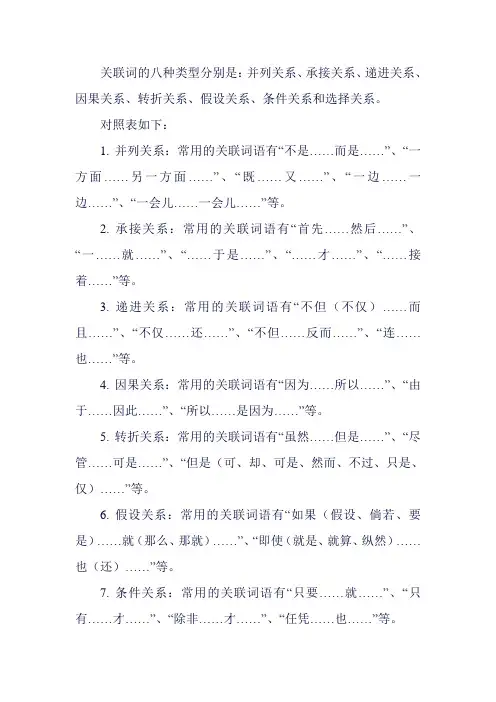 关联词八种类型对照表